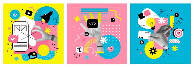 Contemporary art collage. Modern collage concept of web design and development. Creative concept for web banner, social media banner, business presentation, marketing material