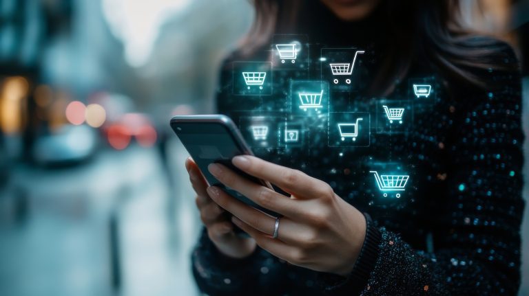A person interacts with a smartphone displaying digital shopping cart icons, emphasizing online shopping and technology in a modern environment