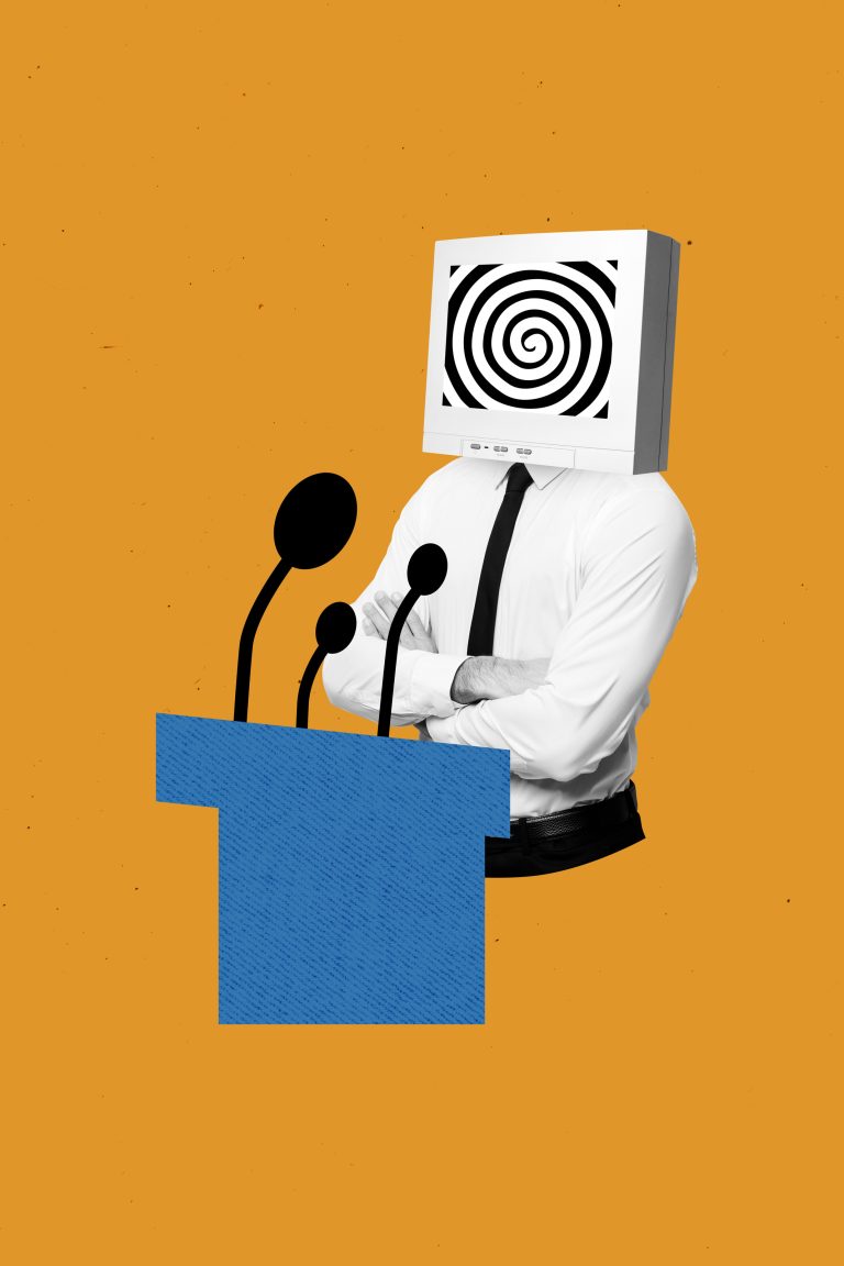 Creative trend collage of man monitor television speech brainwashing propaganda opinion manipulation fantasy billboard comics zine minimal