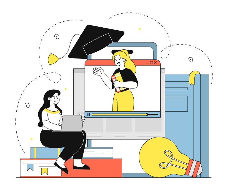 Woman with online course. Young girl with laptop sits on stack of books and listens to lecture on Internet. Education and training