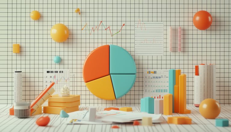 Colorful 3D Render of Business Charts and Graphs on Grid Background