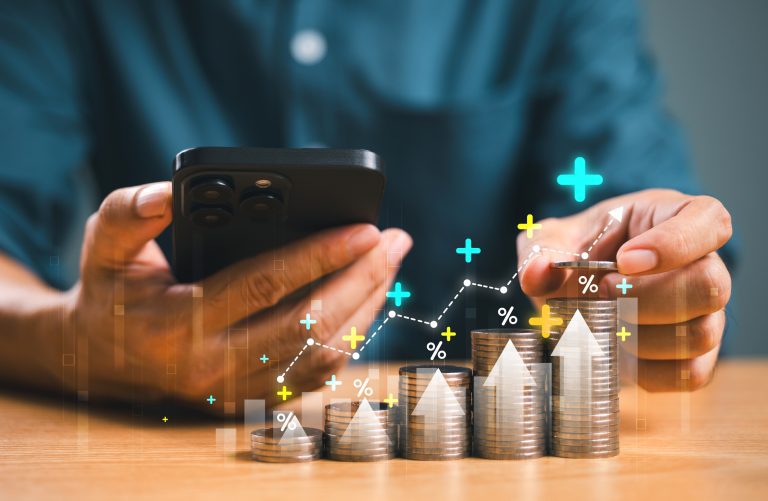 Money interest rate increase concept, percentage commission credit. Grow up stock risk management. Bank policy price raise