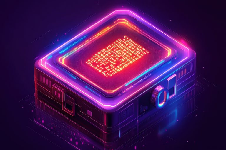 Secure Cyber Finance Concept: Minimalist Digital Safe with Glowing Binary Code in Futuristic Style