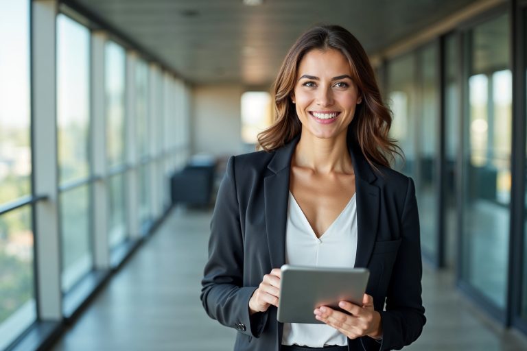 Portrait of young Hispanic professional business woman standing in office