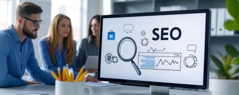 Digital marketing with search and SEO concept. SEO analysis meeting with a computer display