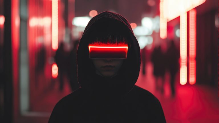 Persona usando visor de realidad virtual en entorno corporativo como herramienta de marketing y experiencia del cliente.