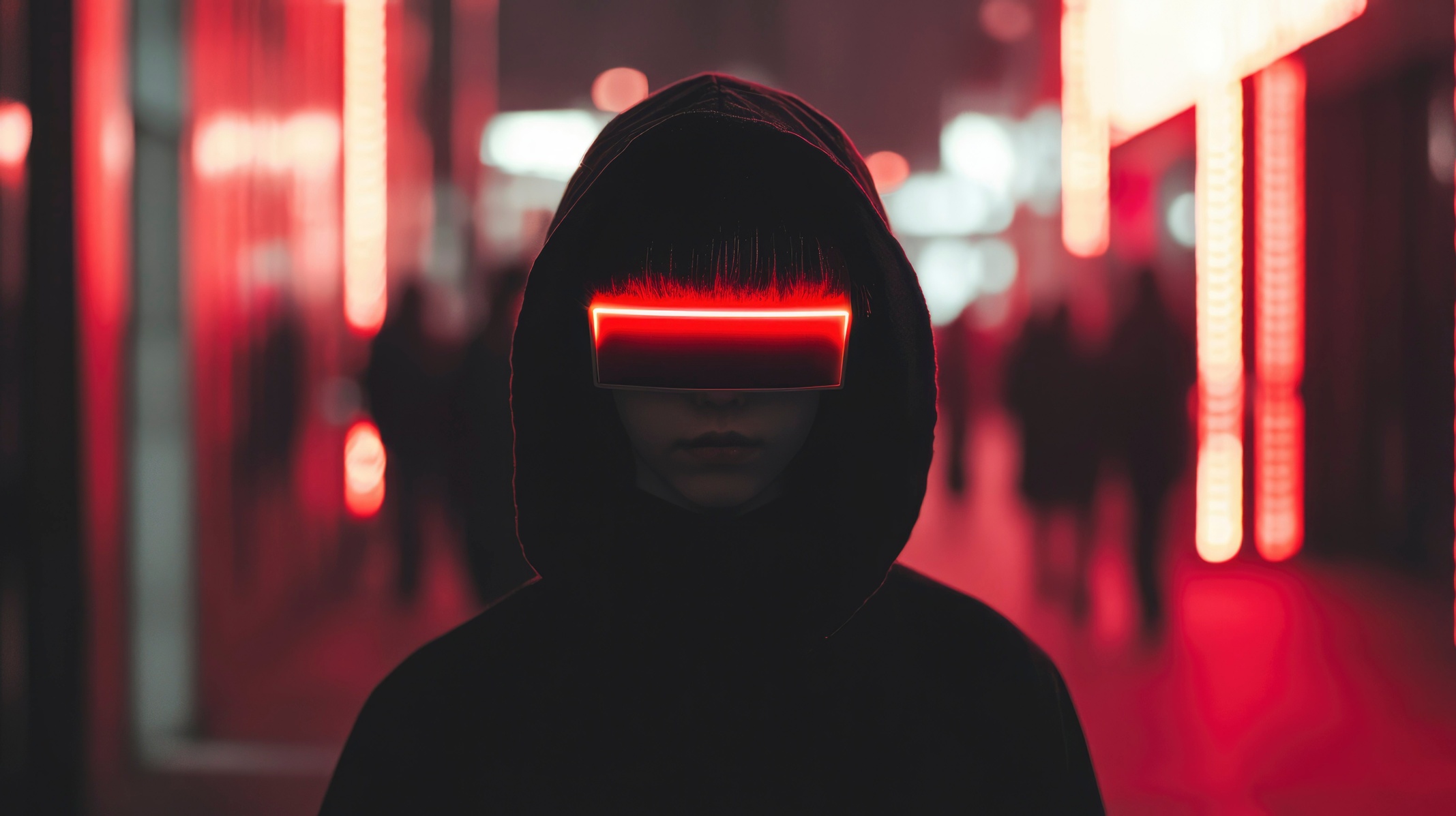 Persona usando visor de realidad virtual en entorno corporativo como herramienta de marketing y experiencia del cliente.