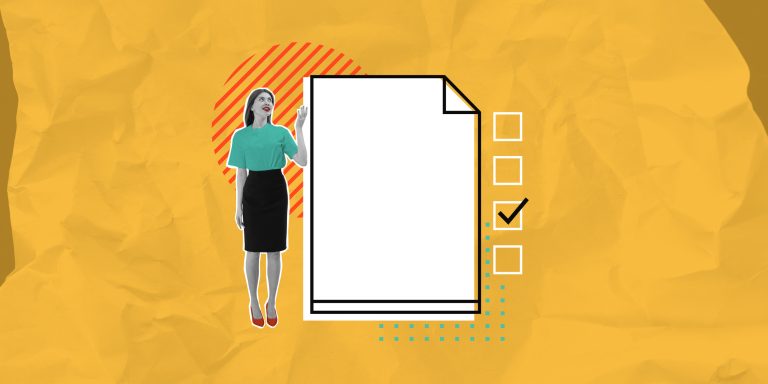 Abstract collage of a woman with a document template and checklist