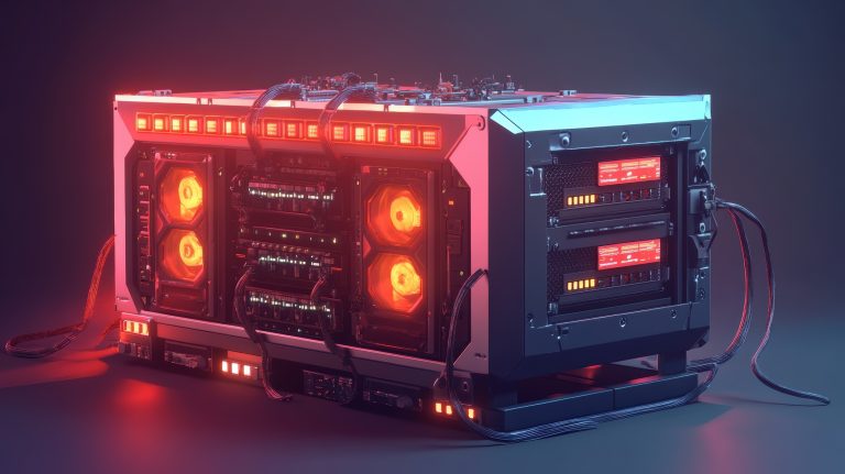 A low poly 3D model of a cryptocurrency mining rig