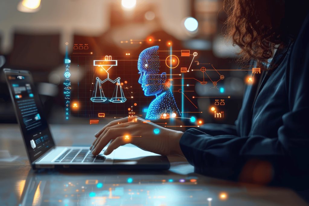 Balanza de justicia iluminada entre circuitos que simbolizan el impacto de la inteligencia artificial en el Derecho