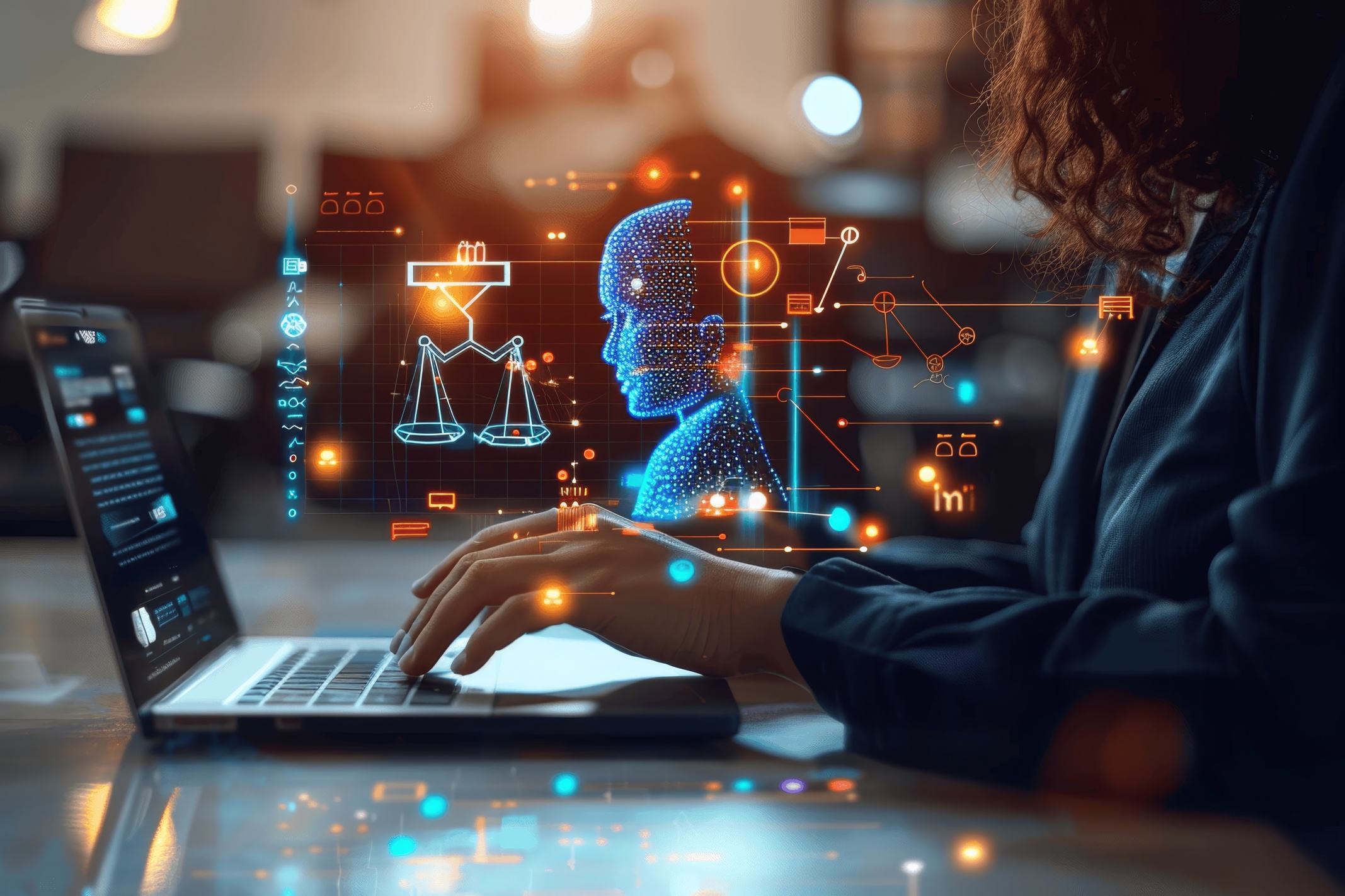 Balanza de justicia iluminada entre circuitos que simbolizan el impacto de la inteligencia artificial en el Derecho