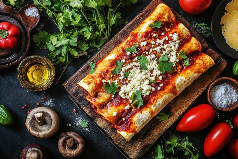 Enchiladas de flor de calabaza con salsa de chile pasilla servidas en plato artesanal mexicano para mamá