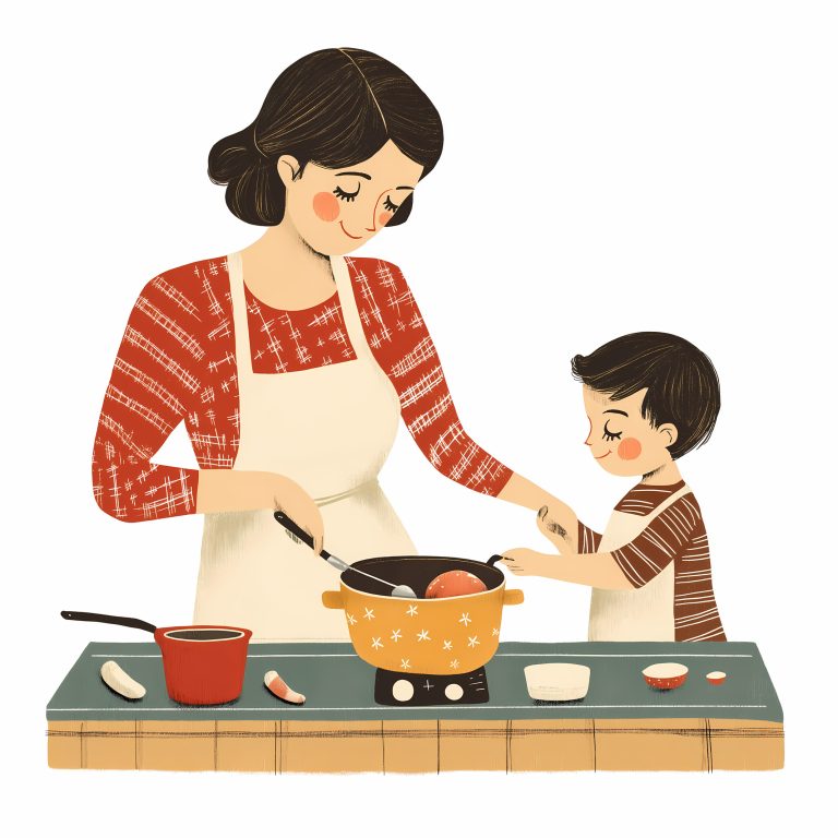 Mamá preparando comida saludable con su hija, ejemplo de nutrición femenina en casa