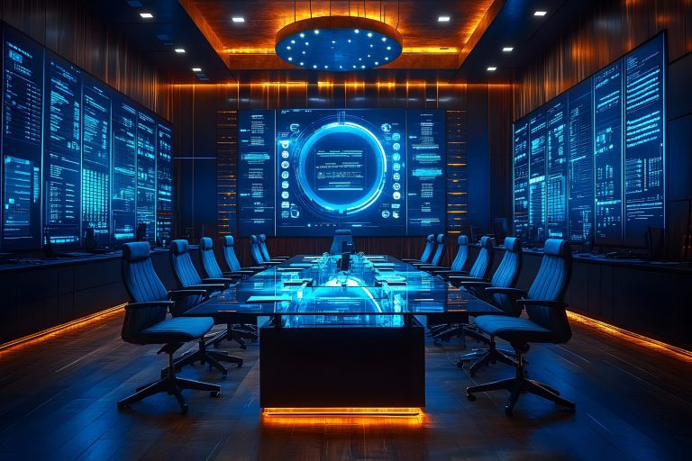 Inteligencia artificial, IA, en empresas: oficina con herramientas digitales en oficina moderna