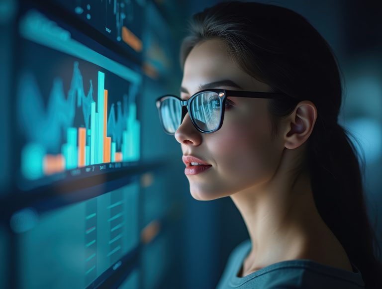 Estudiante de Administración trabajando con tecnología digital en análisis financiero