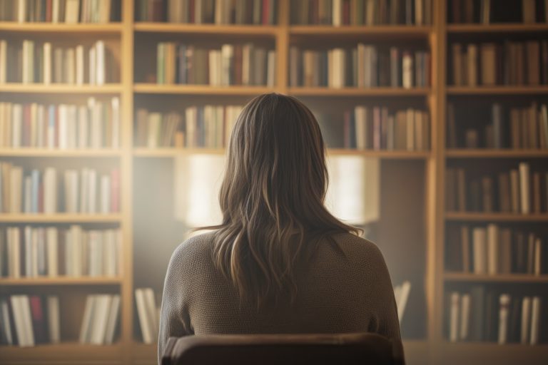 Estudiante de la UIC en silencio reflexivo dentro de una biblioteca para potenciar su éxito profesional