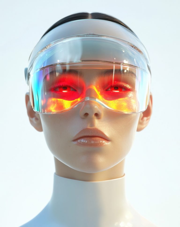 Mujer usando lentes de realidad virtual interactuando con una interfaz digital transparente, en un entorno urbano moderno para marketing