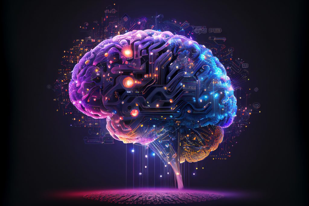 Una ilustración de un cerebro humano con un fondo digital que represente circuitos o IA.