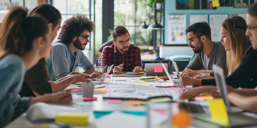 Equipo de marketing digital joven analizando tendencias de 2025 en pantallas interactivas.