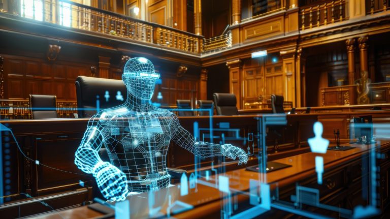 Sala de audiencias moderna con juez usando IA en México