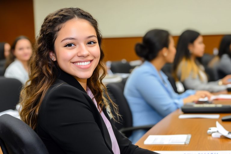 Student smiles, conference, classroom, seminar, education, learning