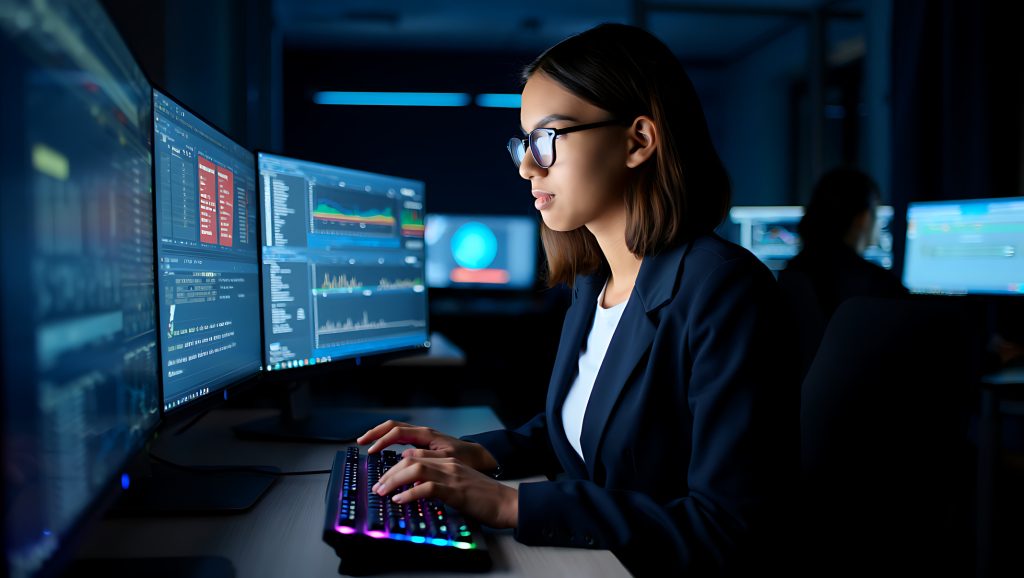 Contador revisando seguridad de datos financieros en software contable digital — ciberseguridad en contaduría