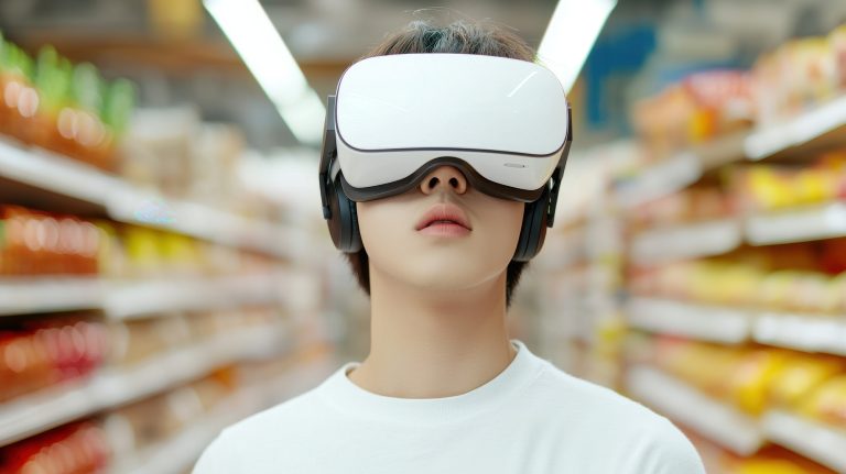 Cliente interactuando con realidad virtual en tienda, ejemplo de mercadotecnia sensorial