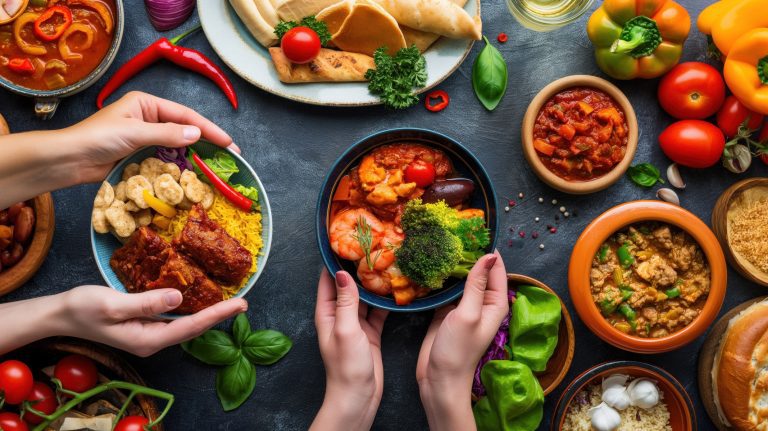Familias diversas compartiendo alimentos saludables en un mercado local, símbolo de nutrición equitativa.