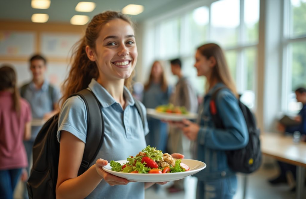 Jóvenes universitarios compartiendo alimentos saludables en el Día Internacional de la Juventud, promoviendo nutrición juvenil y bienestar.