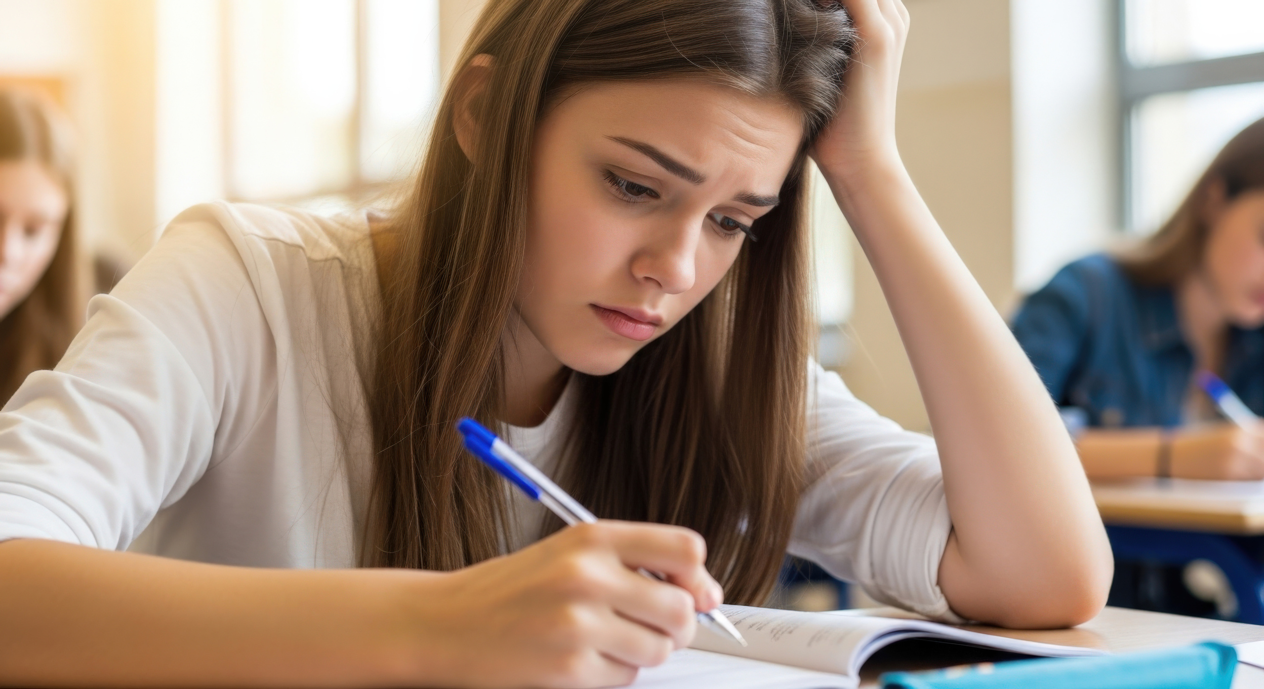 Estudiante de Negocios trabajando en aula universitaria y diferenciadores