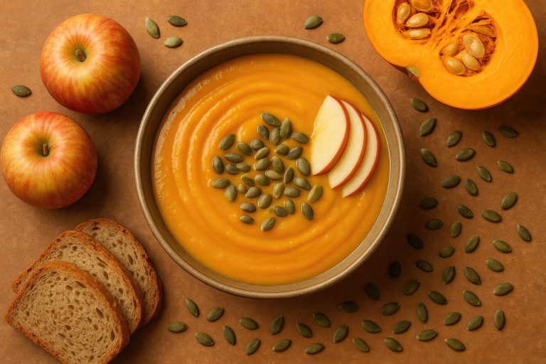 Alimentos de otoño sobre una mesa con calabazas, frutas de temporada y flor de cempasúchil