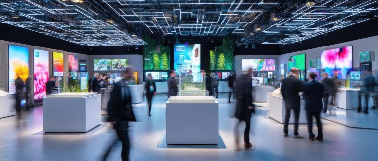 Evento corporativo con asistentes interactuando, pantallas digitales y experiencias innovadoras de marketing