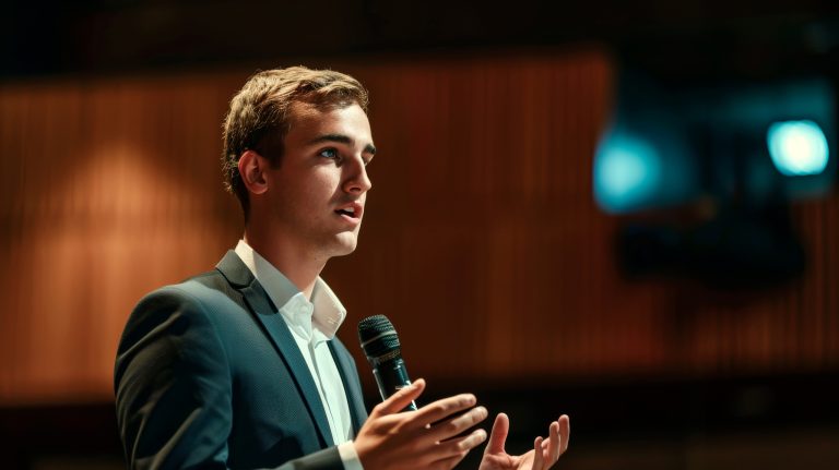 Vocero enfrentando crisis ante pantallas sociales, símbolo de manejo de crisis estratégico