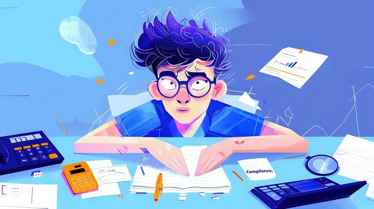 Contador frente a pantalla con gráficos financieros y proyecciones, en ambiente moderno de oficina corporativa.