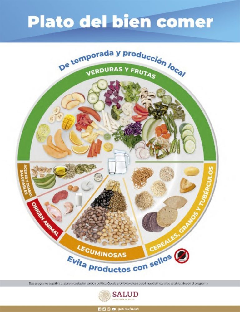 Plato del Bien Comer actualizado con frutas, verduras, cereales y agua como base de una alimentación saludable en México.