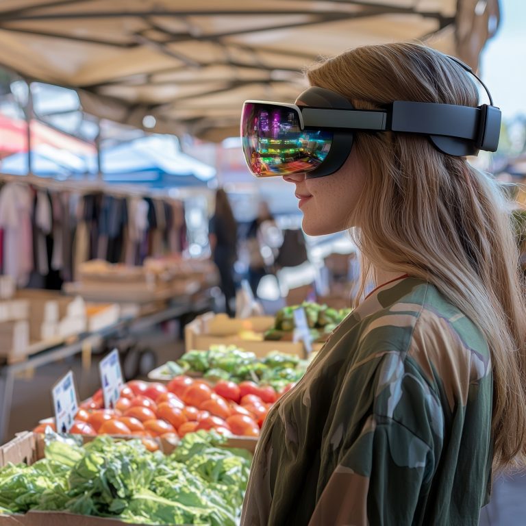 Persona experimentando la mercadotecnia sensorial por medio de los cinco sentidos en un mercado