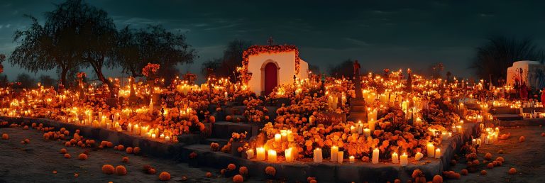 Procesión de las ánimas en México durante el Día de Muertos, con velas y ofrendas que simbolizan la unión entre vivos y muertos.
