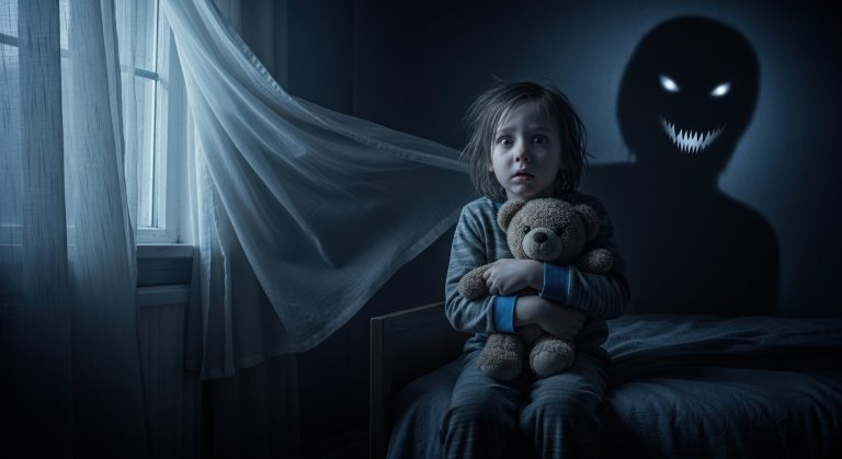 Niño frente a una sombra que da terror, imagen simbólica del terror moderno y el inconsciente.