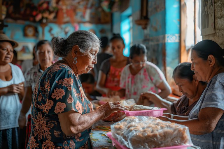 Mujer compartiendo alimentos en comunidad rural durante el Día Mundial de la Alimentación.