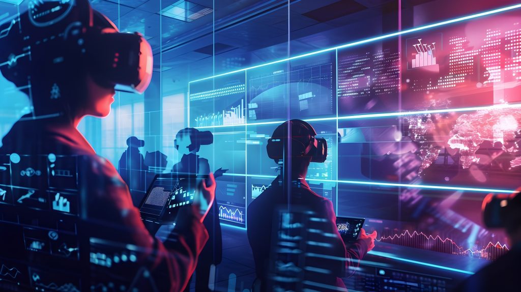 Estudiantes analizando dashboards financieros en una oficina moderna como parte de una gestión con visión financiera.