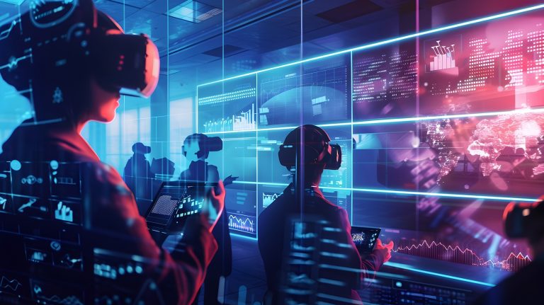 Estudiantes analizando dashboards financieros en una oficina moderna como parte de una gestión con visión financiera.