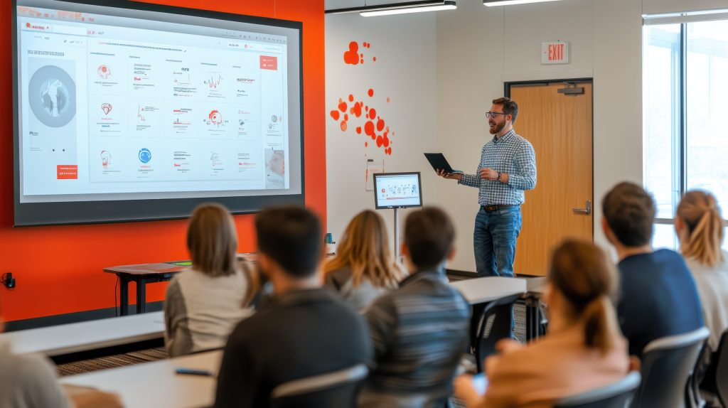 Estudiantes trabajando en herramientas de mercadotecnia digital dentro de un entorno universitario moderno