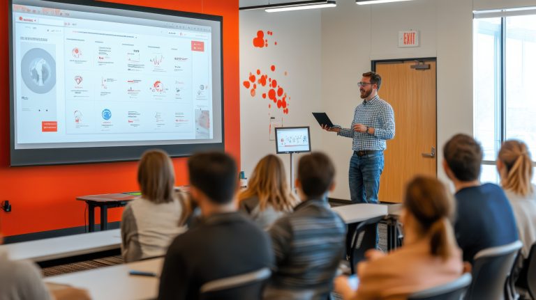 Estudiantes trabajando en herramientas de mercadotecnia digital dentro de un entorno universitario moderno