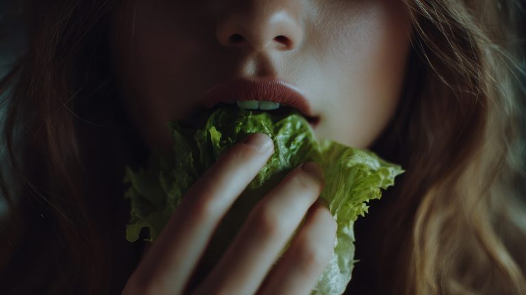 Joven universitaria comiendo lechuga mostrando el contraste entre cultura fit y señales de desorden alimenticio.
