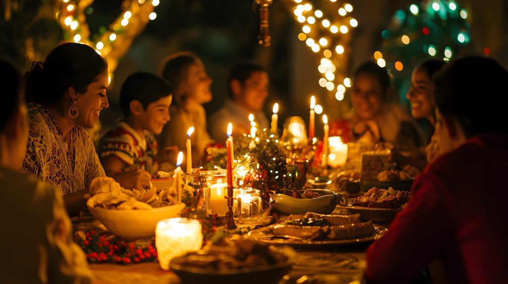 Mesa con comida típica de cena navideña que representa cómo la cena navideña afecta al cuerpo.