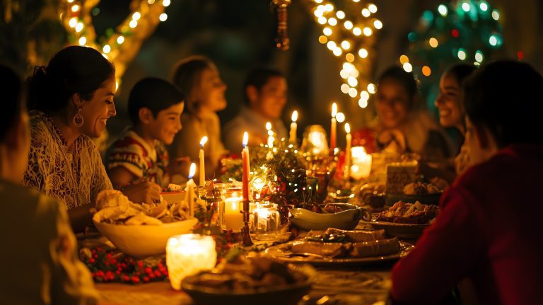 Mesa con comida típica de cena navideña que representa cómo la cena navideña afecta al cuerpo.