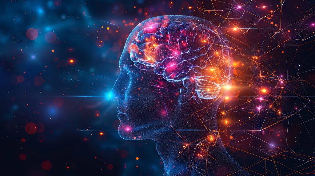 Representación visual del neuromarketing con un cerebro y elementos de decisión del consumidor.