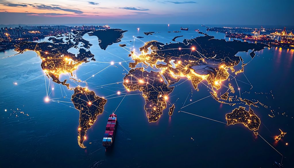 Mapa del mundo con conexiones digitales que representan la globalización económica y tecnológica