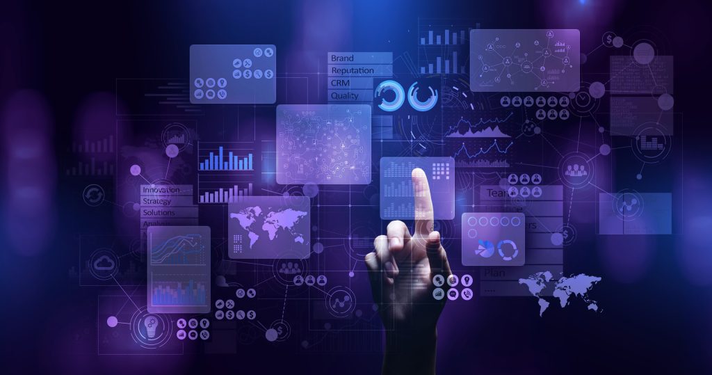 Ejecutivo revisando dashboard estadístico en pantalla, en ambiente corporativo moderno.