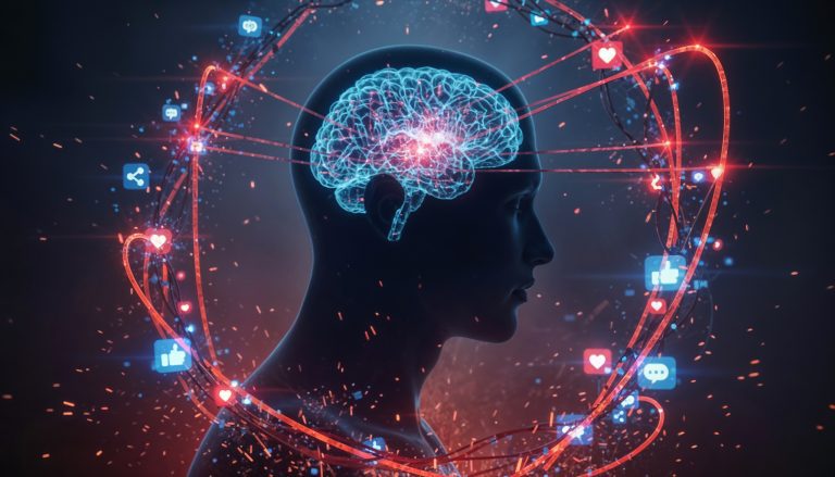 Adolescente usando el celular de forma compulsiva, representando comportamiento adictivo en redes sociales.